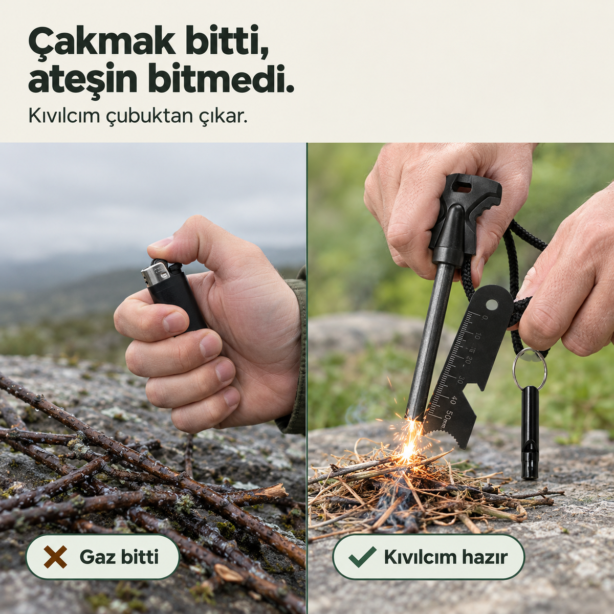 KAMPKOR Kıvılcım+ – Magnezyum Çubuğu ve Düdük Seti